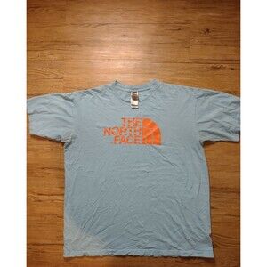 The North Face Men's T-Shirt Graphic Tee Size Large Baby Blue w/ Orange Print.